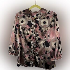 Notations Pink Black and Cream Geometric Satin Button-Down Blouse